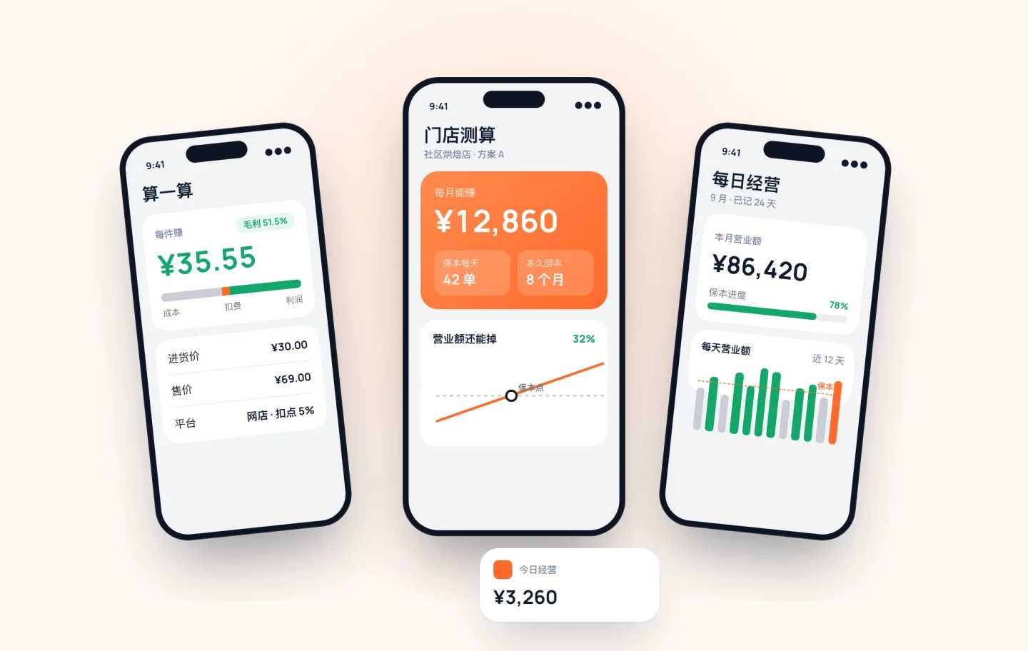开店算账 App 界面:算一算、门店测算、每日经营